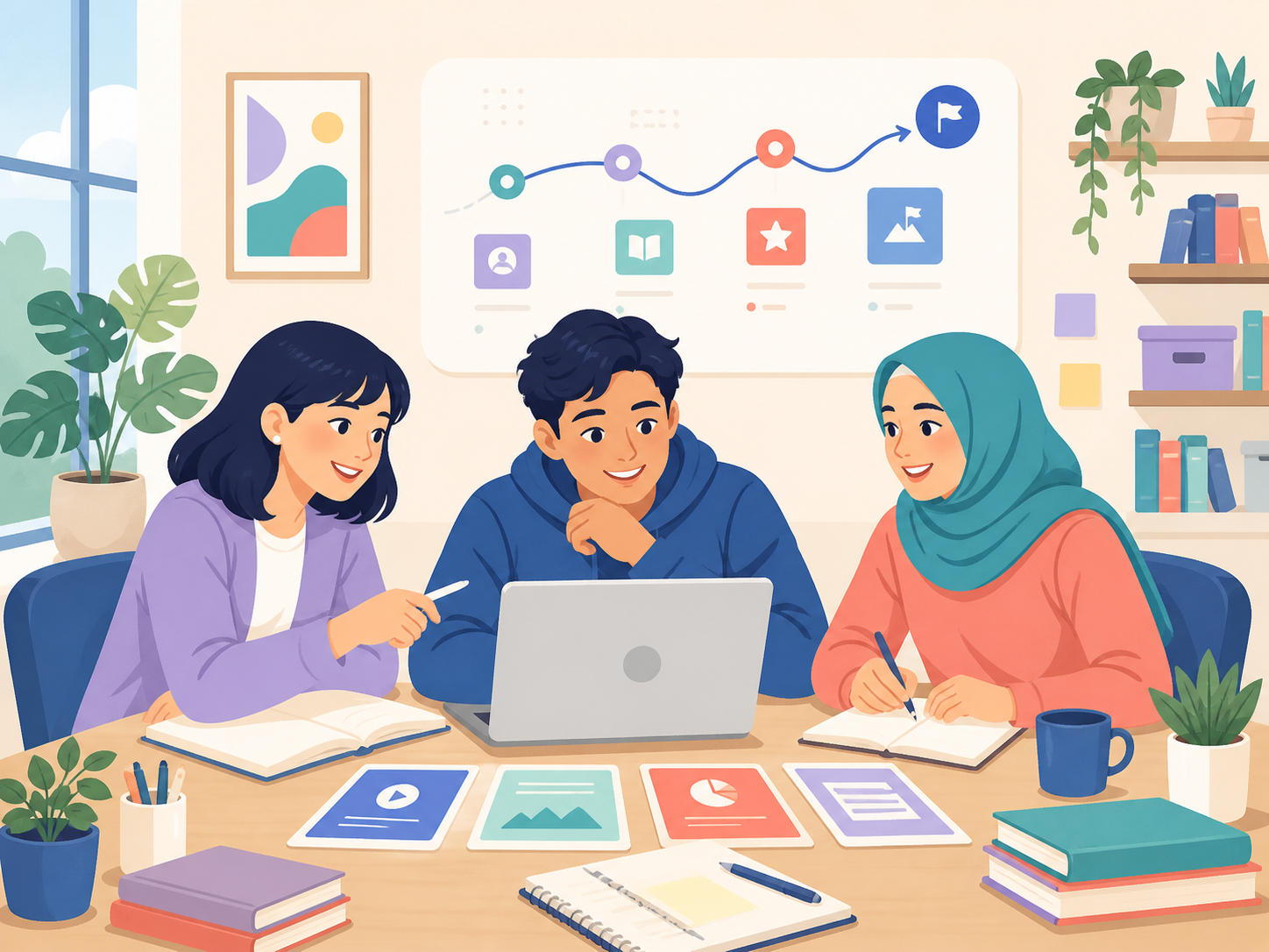 Tiga pelajar berdiskusi menyusun langkah belajar bersama